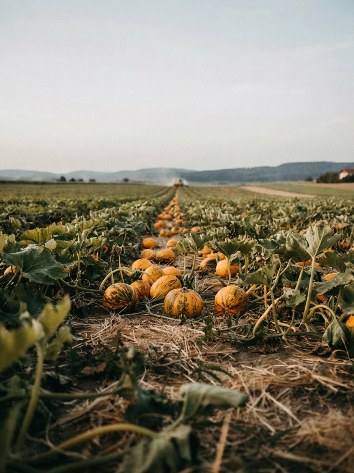 Día de cosecha en el campo de calabaza
