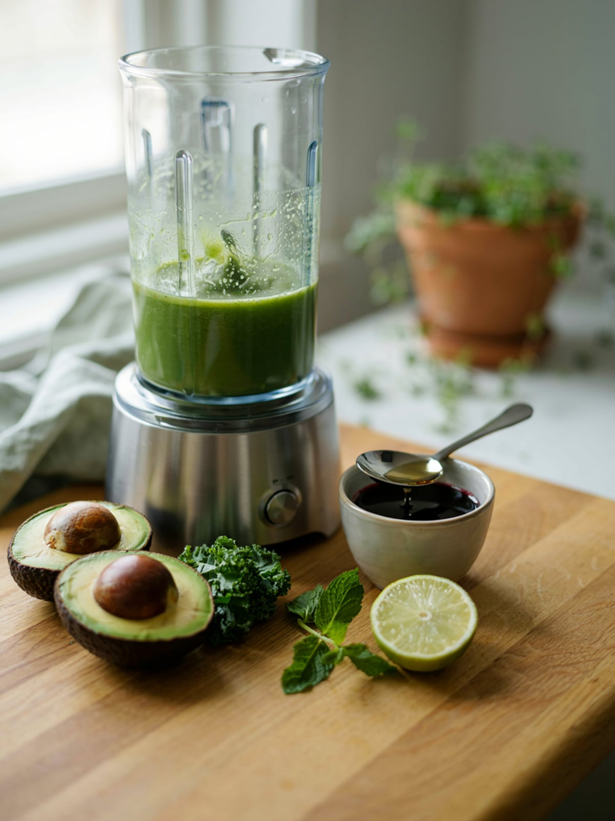 Smoothie verde salado con aceite de calabaza